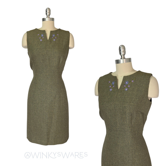 villager Dresses & Skirts - Vintage Y2K Tweed Midi Dress Size 12P Green Floral Career Corporate Sleeveless